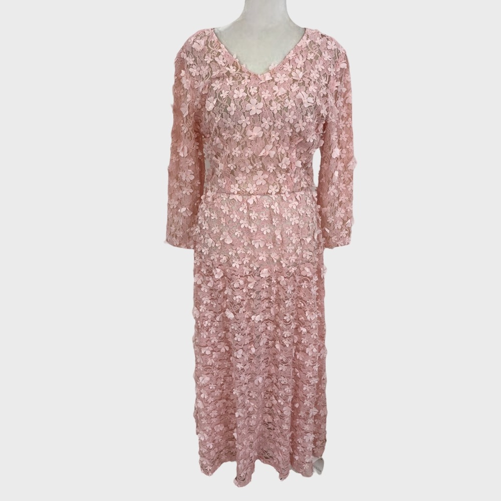 Matsour'i Hand Crafted Pale Pink Floral Appliqué Lace Long Dress S/M NWT